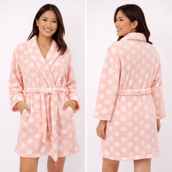 kate spade Other - Kate Spade NWT Plush Polka Dot Robe Pink White Belted Lounge Wms Size Medium